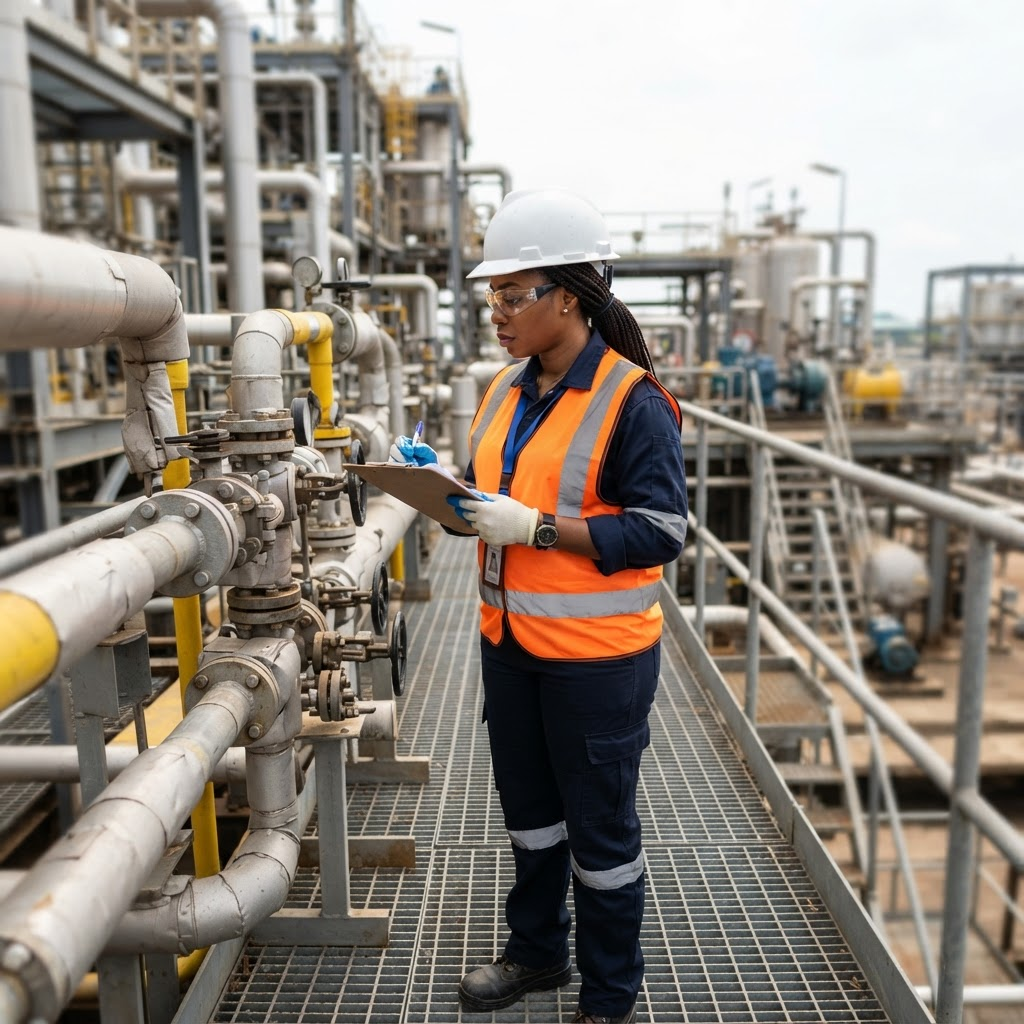 HSE officer in hard hat, safety glasses and hi-vis vest conducting a safety check at a gas and industrial energy facility