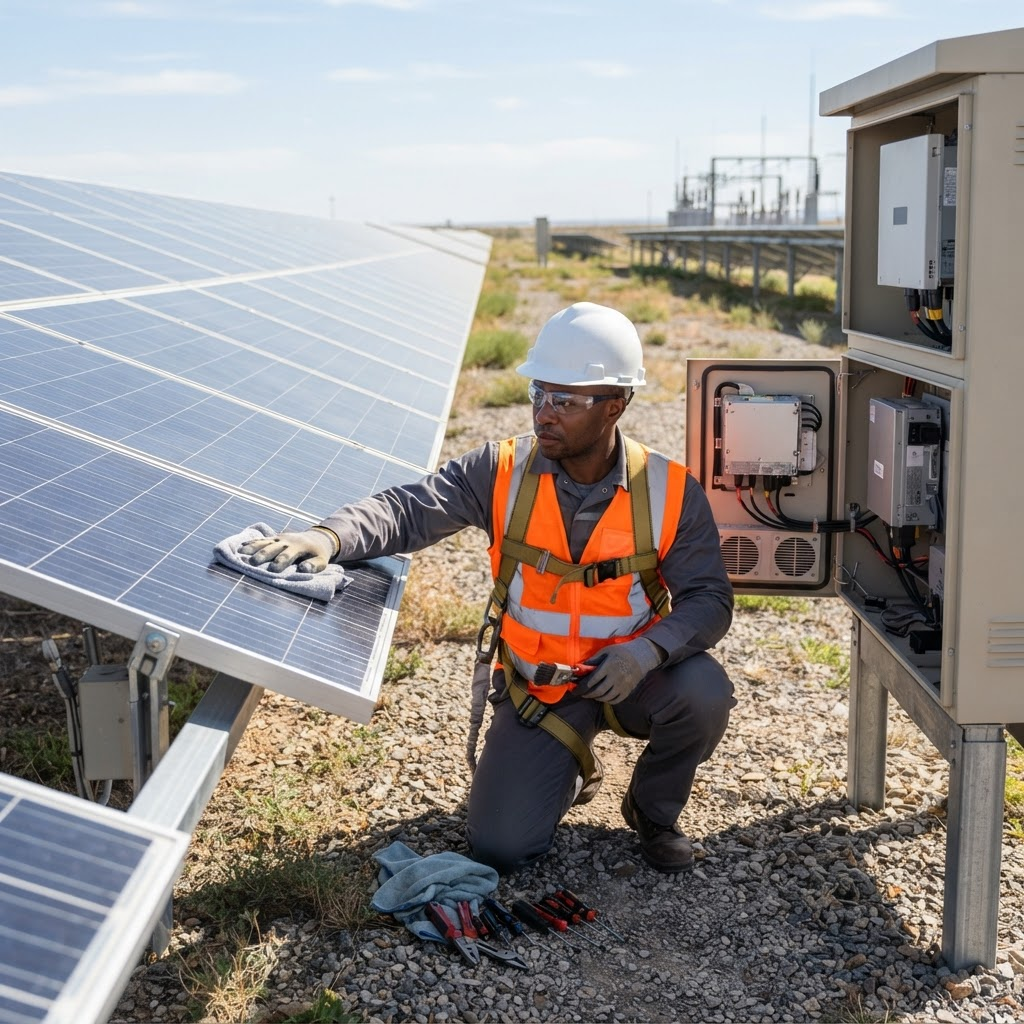 Maintenance technician performing preventive maintenance on solar panels and inverter equipment