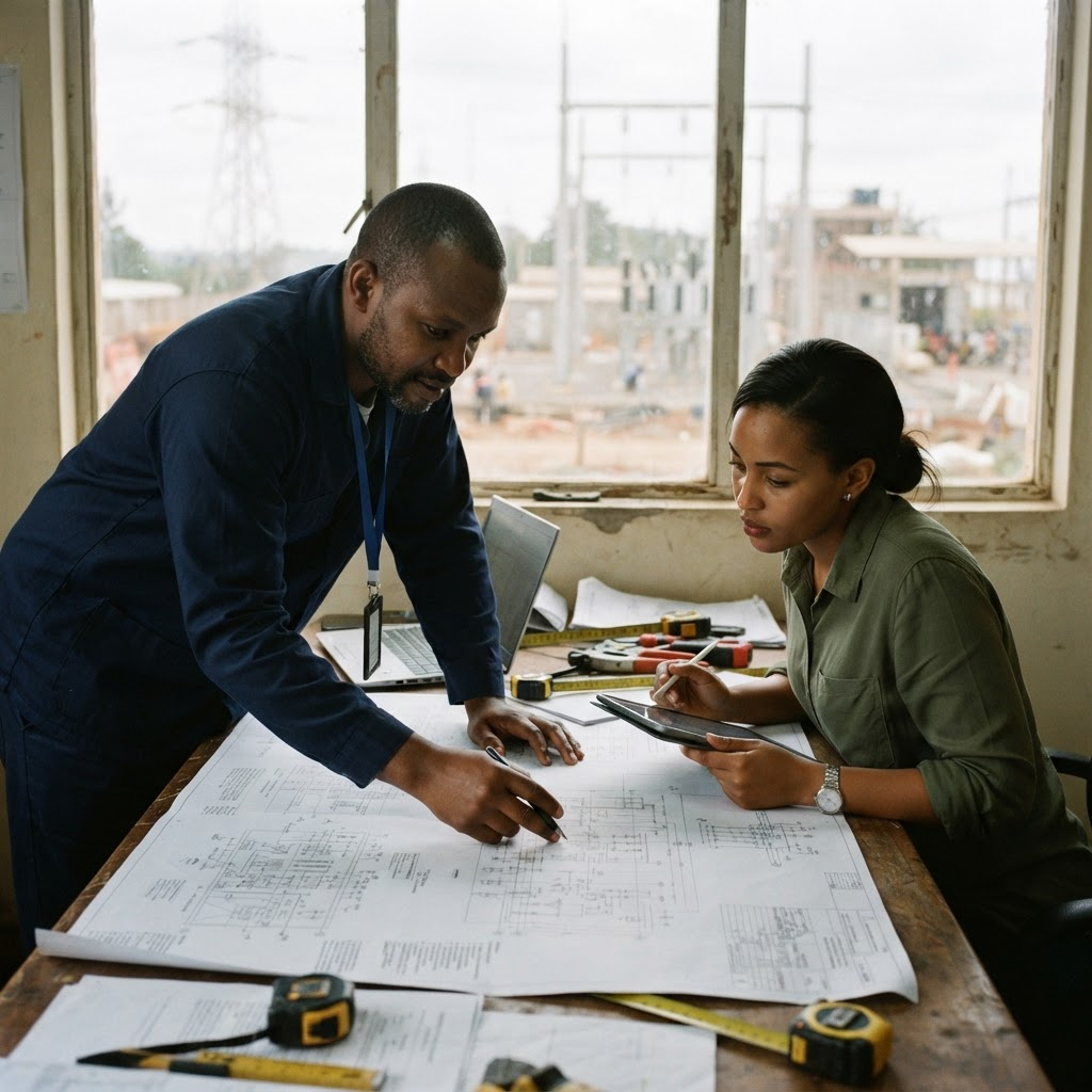 Technical and commercial professionals reviewing energy project drawings at a project site