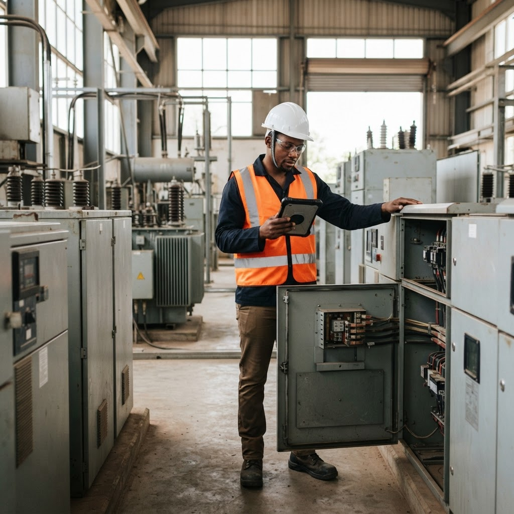 Engineer inspecting unbranded electrical switchgear and substation equipment with a tablet