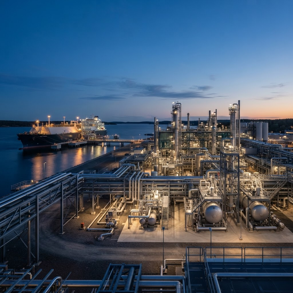 Modern natural gas processing facility at blue hour with organised pipework and processing units