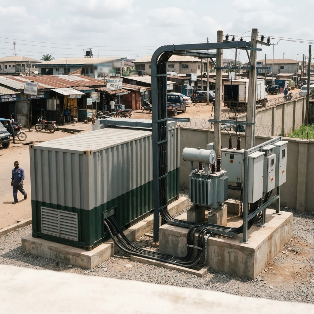 Containerised distributed power system beside an electrical substation in a Nigerian industrial setting