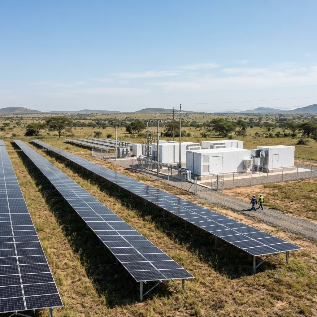 Commercial-scale solar array paired with battery energy storage containers