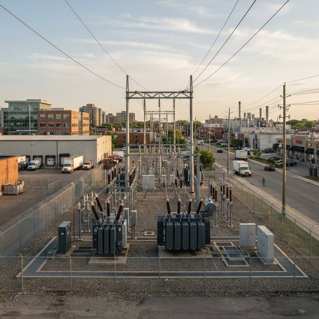Electrical distribution substation with transformers located close to commercial and industrial users