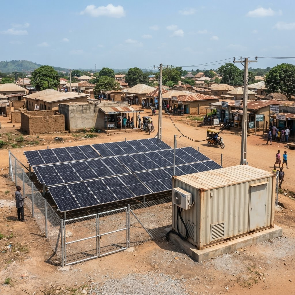 Community and commercial mini-grid with a solar array, containerised battery station and distribution poles serving nearby buildings