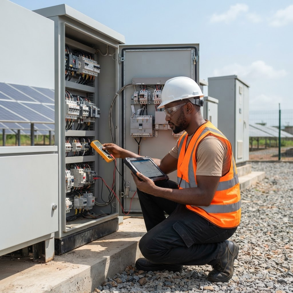 Technician inspecting distributed-power inverter and switchgear equipment with a tablet at an operating site