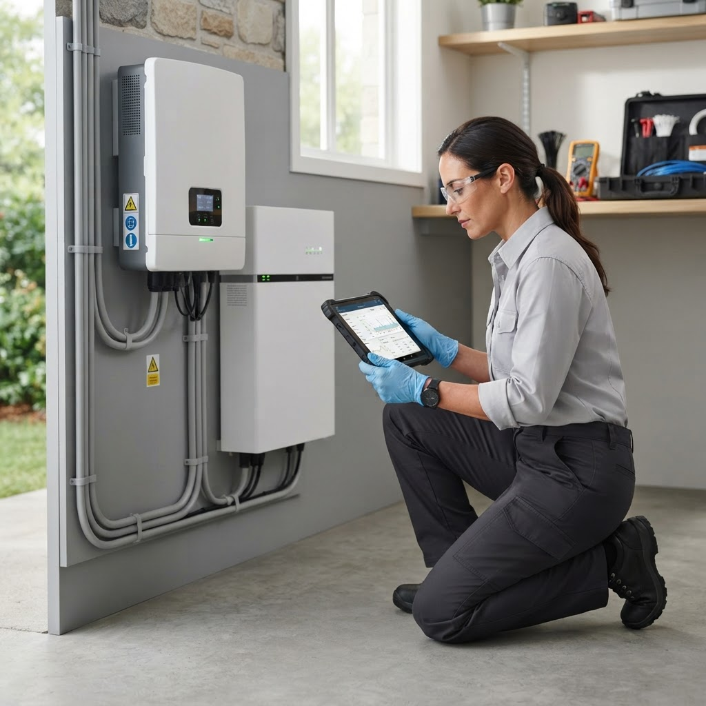 Professional solar technician inspecting a residential solar and battery system and checking readings on a tablet