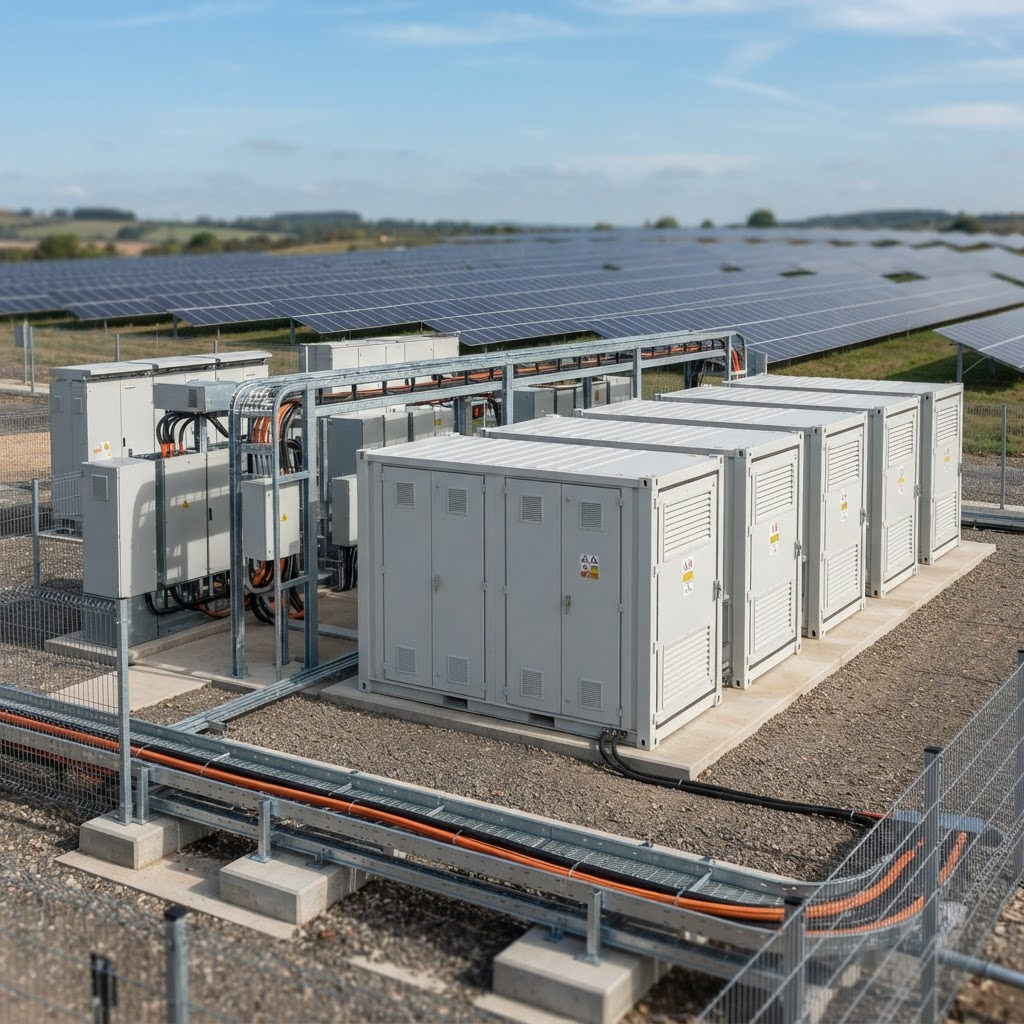 Battery energy storage system with plain containers, inverters and switchgear at an energy site
