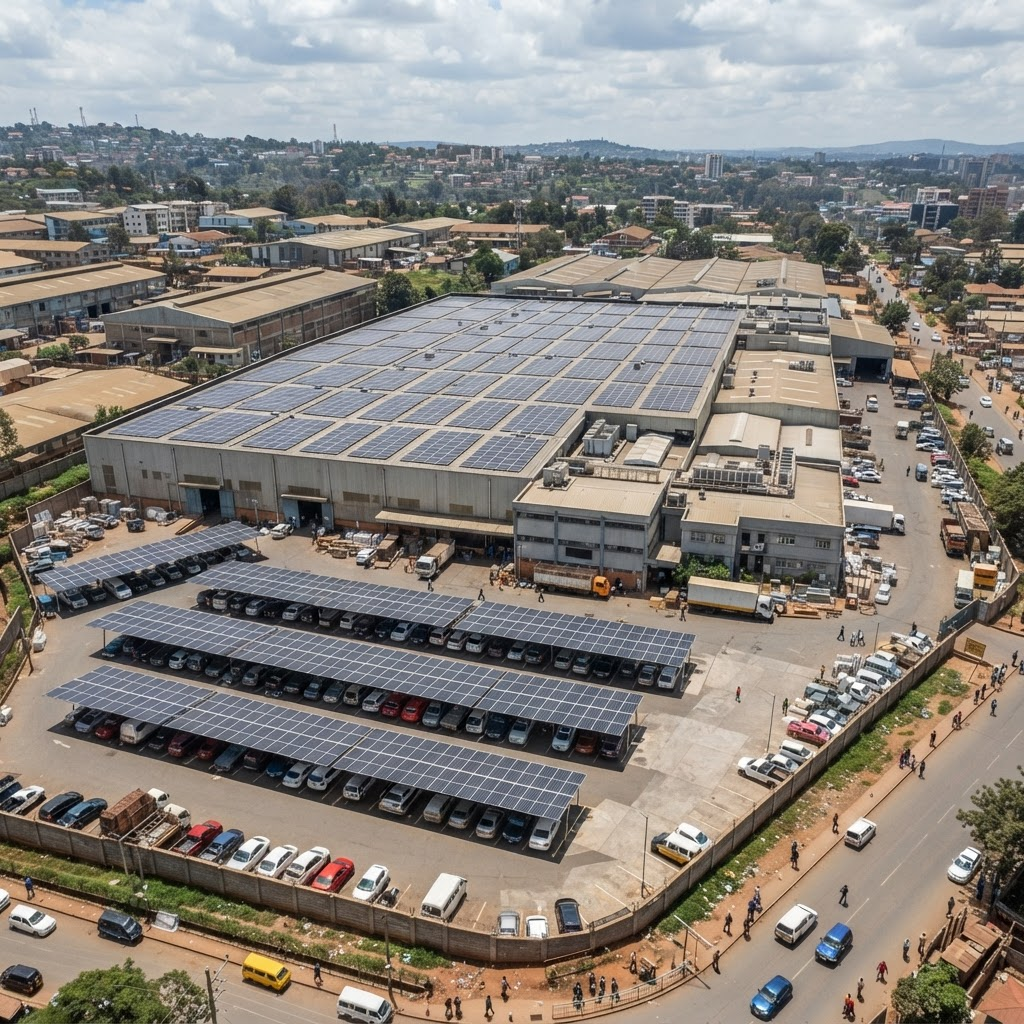 Rooftop solar installation on a large commercial and industrial facility in an African city