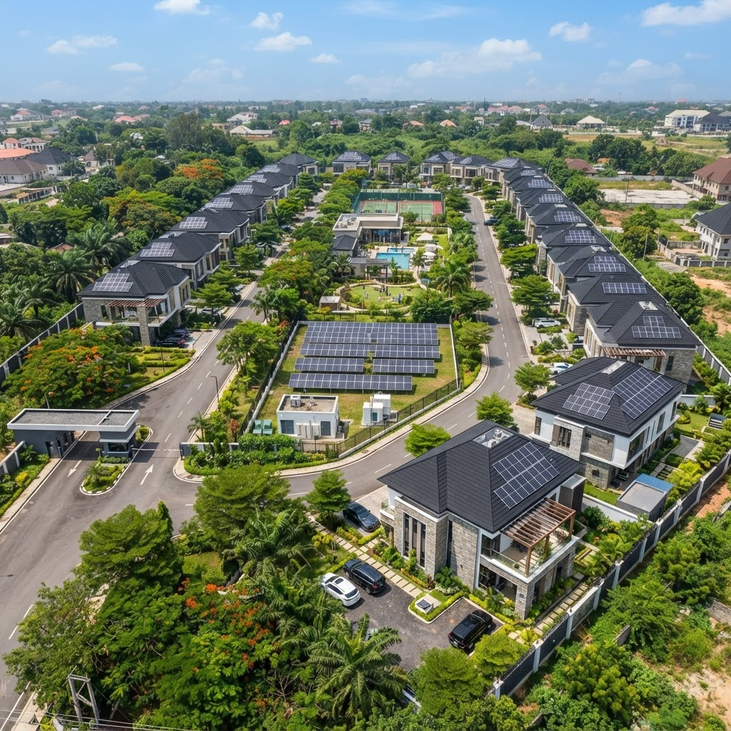 Modern planned Nigerian residential estate with integrated rooftop and ground-mounted solar infrastructure