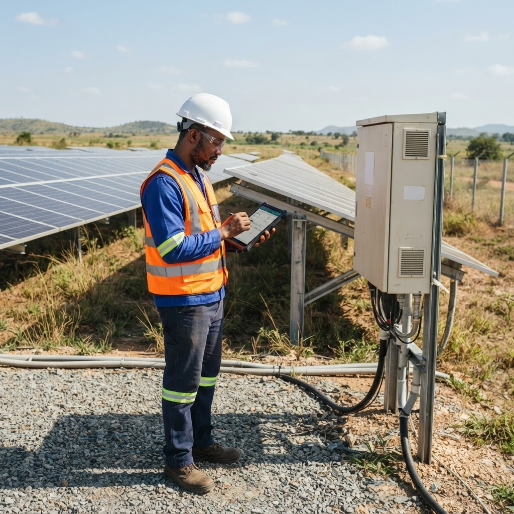 Technician inspecting solar panels and an inverter with a tablet at an operating solar plant