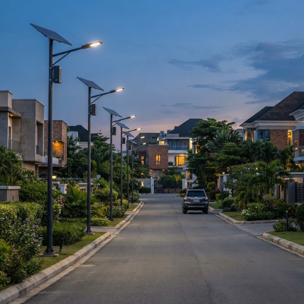 Solar street lighting along a landscaped internal road within a modern residential estate at dusk