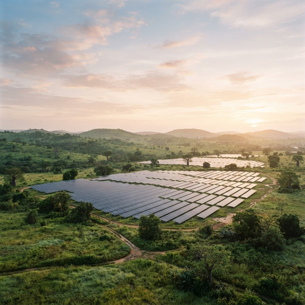Solar panels in a green Nigerian landscape at sunrise