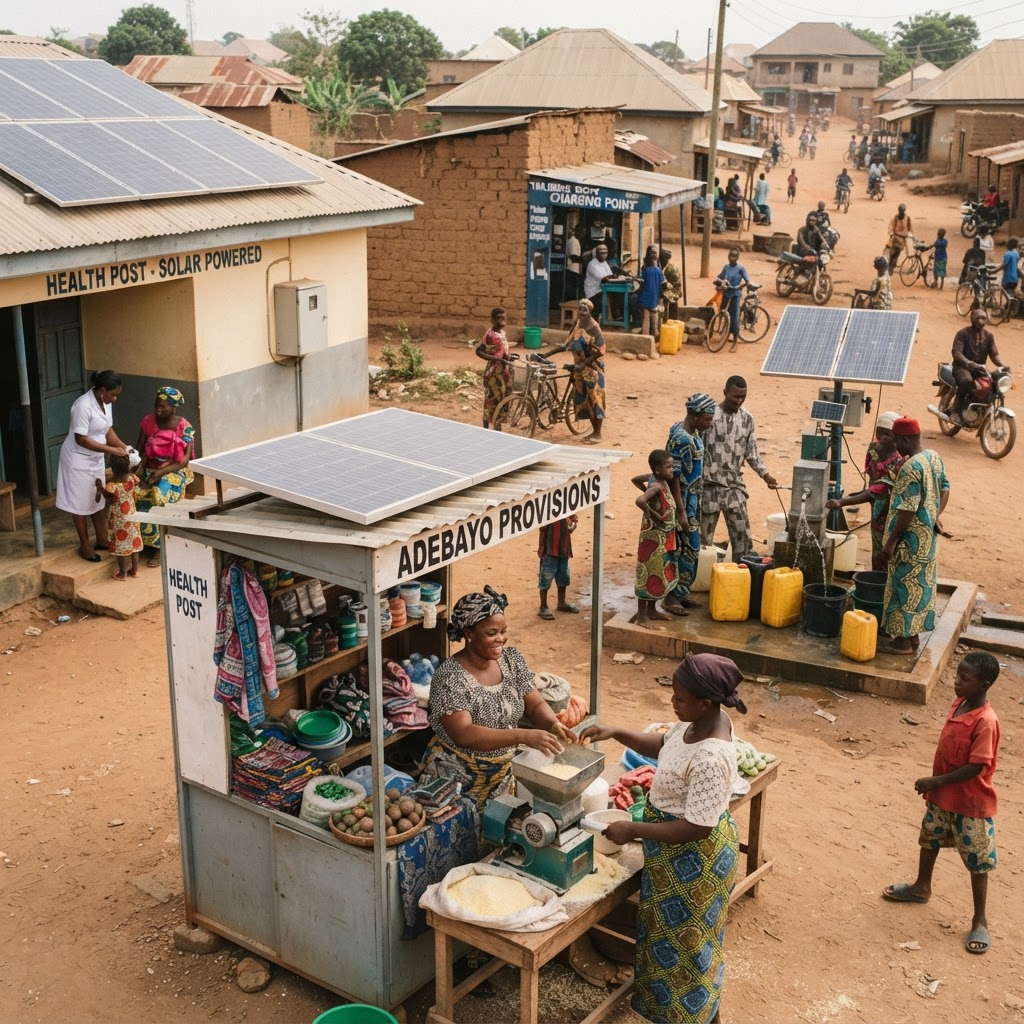 Reliable power supporting productive community activity — a small business, a solar-powered facility and a water point in a rural setting