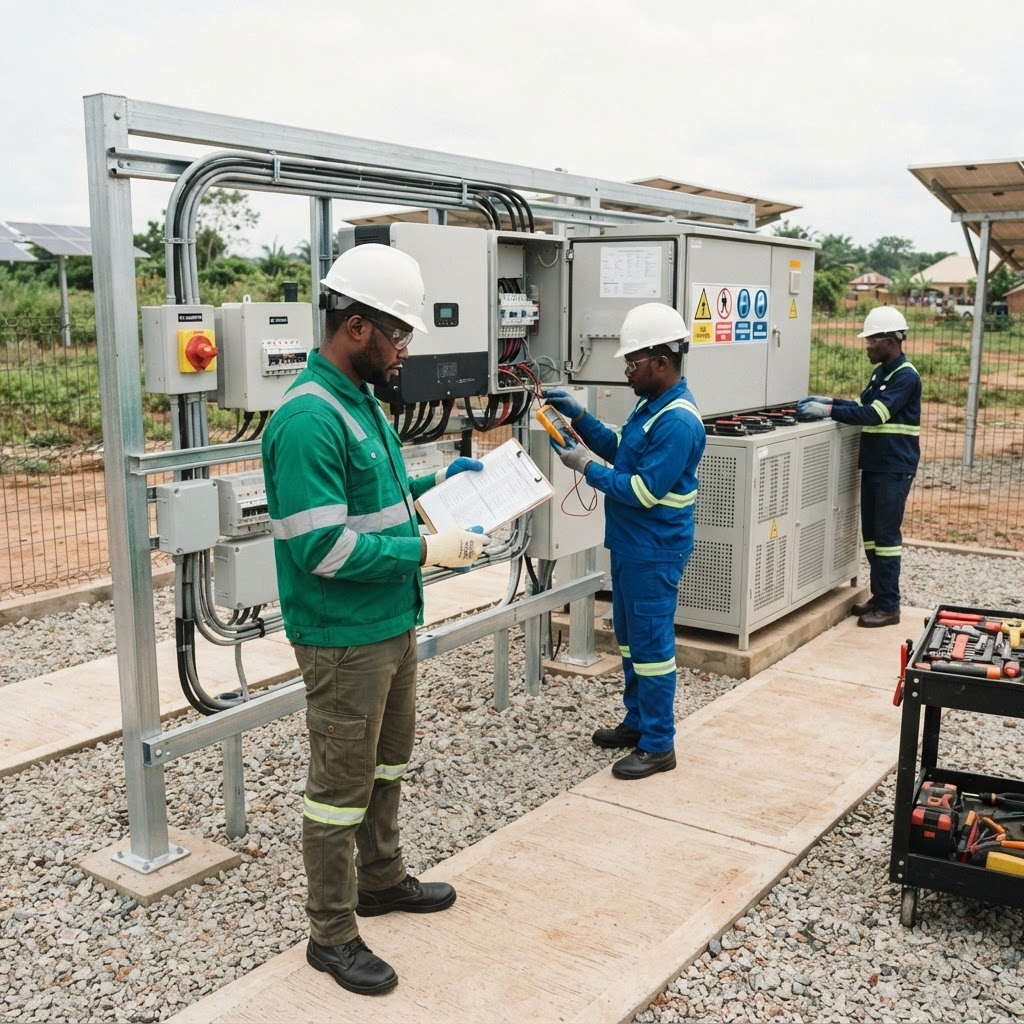 Technical personnel in full PPE working safely around electrical and battery equipment at an organised installation site